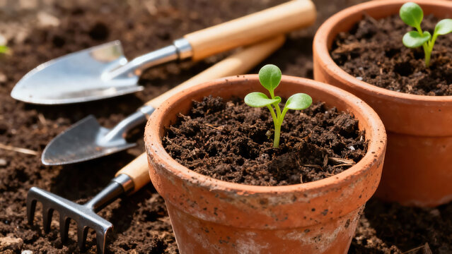 Newly sprouted plants in terracotta pots beside gardening tools on rich soil in the afternoon light