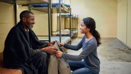 Volunteer helps man in shelter by providing warm clothing during cold night at local community center