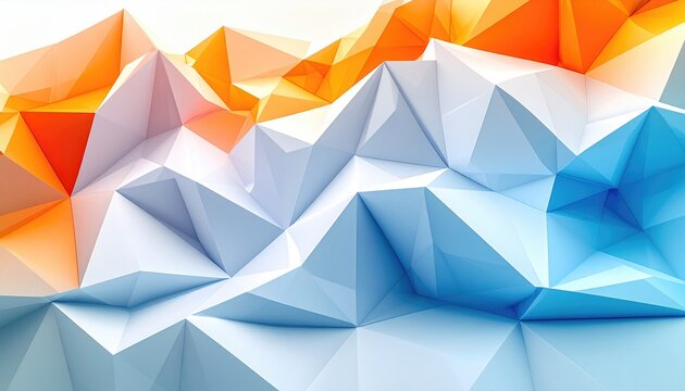 Abstract landscape with geometric, triangular shapes, colored orange, white, and blue, creating a modern, faceted surface