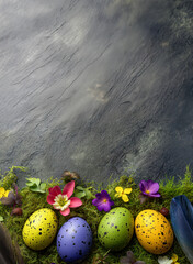 Colorful Easter eggs surrounded by flowers and moss create a festive spring atmosphere on a textured background