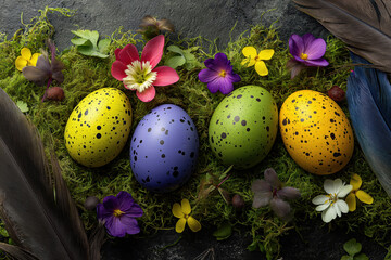Colorful Easter eggs arranged on a bed of moss with vibrant flowers and feathers in a spring setting