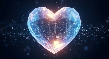 A digital heart composed of glowing lines and particles, symbolizing technology, love, and innovation in a futuristic style with a dark background