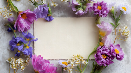 Colorful wildflowers surround a blank card on a textured background, perfect for invitations or messages during spring