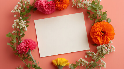 Beautiful floral arrangement with blank paper on a vibrant background for creative projects or invitations