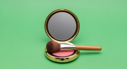A compact makeup mirror with a blush brush resting on it, set against a vibrant green background, illustrating beauty accessories and personal grooming tools