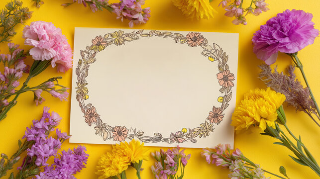 Colorful flower arrangement surrounds a decorative blank paper on a bright yellow background for crafting or greeting purposes