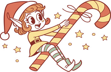 Funny Christmas vector art illustration drawing of a Santa Claus character with a Christmas tree and bag of gifts and an elf with a gift