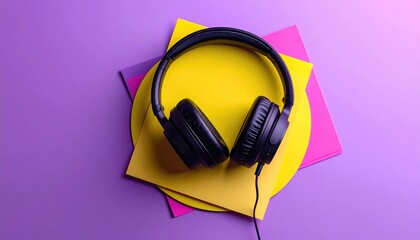 Black headphones rest on vibrant geometric paper shapes against a purple backdrop. A cable connects them