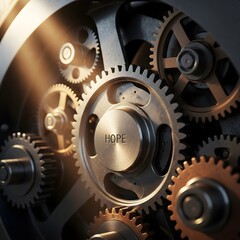 A close-up view of interconnected metallic gears with one gear labeled 'HOPE' symbolizing optimism and perseverance in mechanical systems and engineering concepts