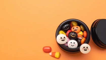 Overhead shot of a small black container filled with colorful candies shaped like pumpkins and ghosts, set against an orange background
