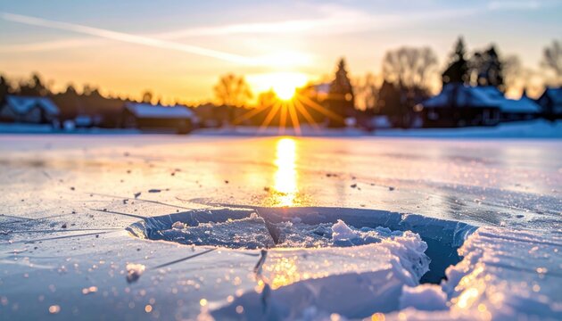 A close-up shot of a frozen surface with a crack, sunburst creating an orange glow across a wintry landscape. Houses sit on the horizon