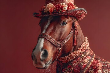 Obraz premium Horse wearing a red hat and a red vest. The horse is looking at the camera
