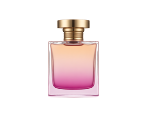 Square perfume bottle with pink gradient and gold cap shown on transparent background 
