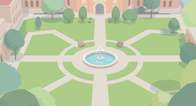 Peaceful university campus courtyard with fountain and benches inviting relaxation and study, perfect for campus life or educational marketing materials