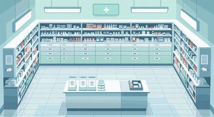 Clean and organized pharmacy interior with shelves of medications, offering a sense of trust and wellness for health and pharmaceutical marketing campaigns