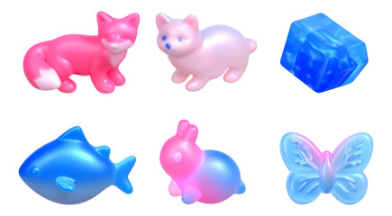 Colorful Cartoon Animal Figures and Shapes on Transparent Background for Illustrations