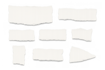 Set of assorted blank ripped paper fragments with ragged edges, offering copy space on a transparent background