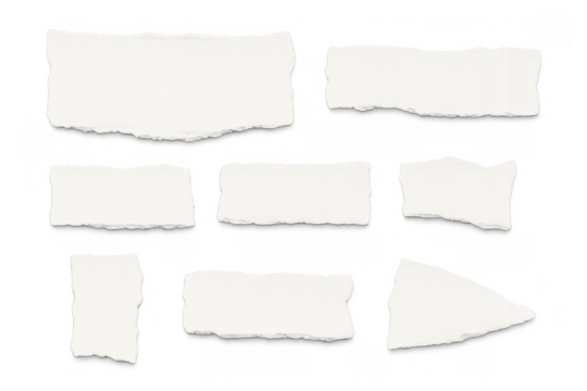 Set of assorted blank ripped paper fragments with ragged edges, offering copy space on a transparent background