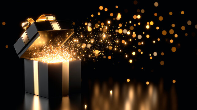 Stunning black gift box bursts open with dazzling golden sparkles and bokeh lights creating a magical celebratory atmosphere