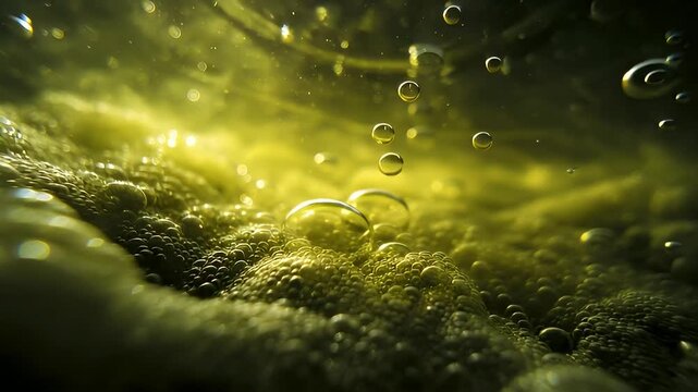 Bubbles rising in the murky water of a dark swamp. 4K Video