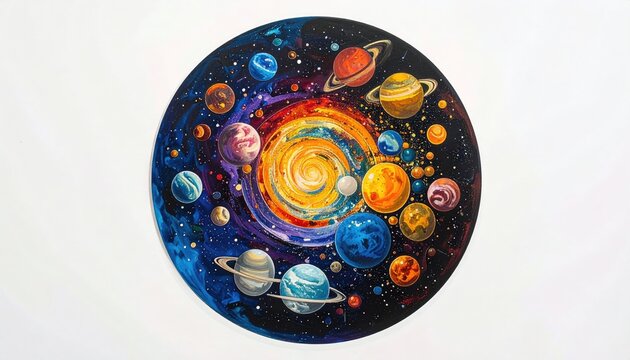 A vibrant circular artwork depicting a stylized solar system. Planets of various sizes and hues orbit a central, swirling sun