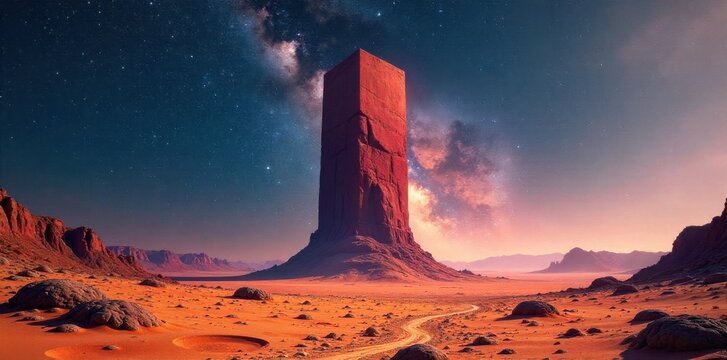 Desert Monolith under a Starry Night An ancient, isolated rock formation under a breathtaking, galaxy filled sky. A colossal, ancient desert monolith standing in stark isolation. The night sky above
