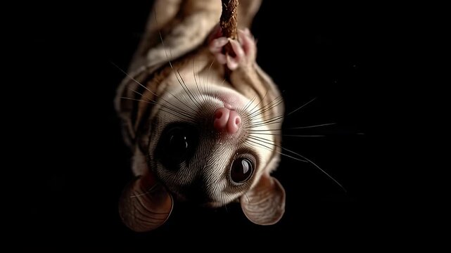 Extreme closeup of cute tiny sugar glider hanging upside down in dark studio
