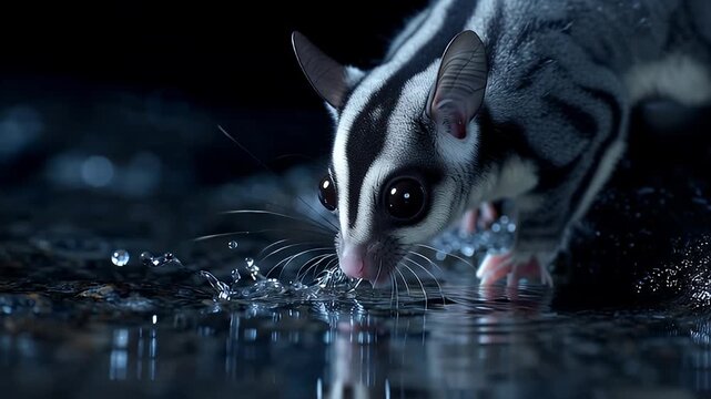 Close-up of a nocturnal sugar glider drinking water from a puddle