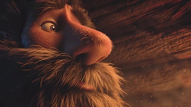 Snoring cartoon bearded man sleeping soundly in a dark cave