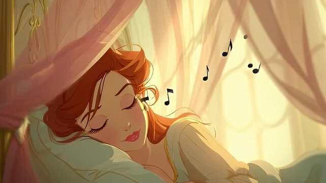 Beautiful Princess Snoring Cartoon Sleeping Soundly in Canopy Bed