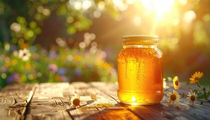 A jar of golden, translucent liquid sits atop a weathered wooden table, sunlight streaming in from the background, illuminating flowers