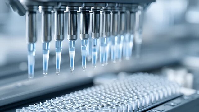 Modern extract lab automation robotic pipetting. 4K Video