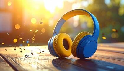 Blue/yellow headphones on wood table in bright sunlight with bokeh and cartoon music notes around, with blurred greenery