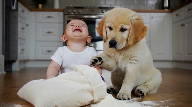 adorable baby and golden retriever puppy playing happily with white flour making a big mess on the floor in a sunny home environment
