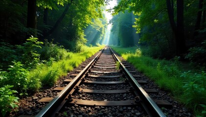 Fototapeta premium Overgrown train tracks disappearing into a dense forest. A view of railroad tracks completely overgrown with lush vegetation and moss, disappearing into a dense, shadowy forest. Sunlight filters