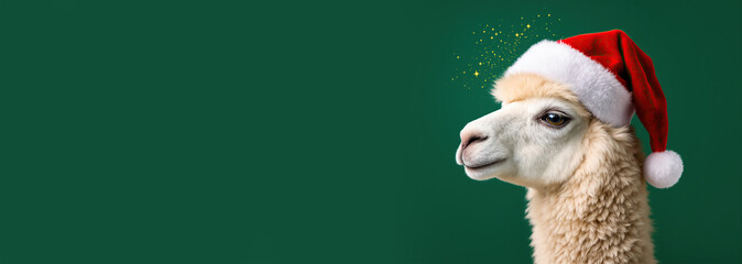 Festive alpaca wearing a Santa hat with magical sparkles on a deep green background