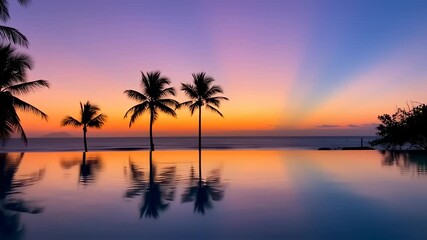 A tranquil scene palm trees silhouette against a vibrant sunset mirrored in a still pool - Powered by Adobe
