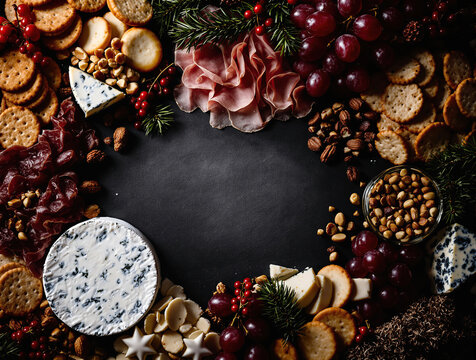 Gourmet holiday charcuterie spread with artisan cheese, cured meats, fresh fruit, and nuts framing a dark slate
