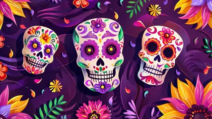 Dia de los Muertos: Celebratory skulls adorned with vibrant floral designs, embodying the spirit of remembrance, celebrating life and honoring those departed in a lively, colorful display.