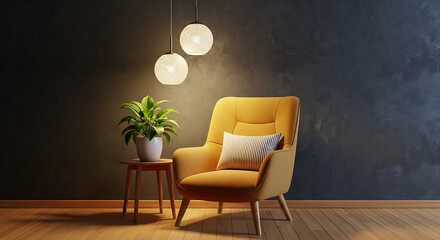 Cozy living room interior with yellow armchair, wooden floor, plant and lamp on dark wall