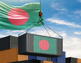 Bangladesh Shipping and Trade: a symbol of the country's economic and trade activities, with containers being lifted by a crane and flag of Bangladesh in the cloudy sky