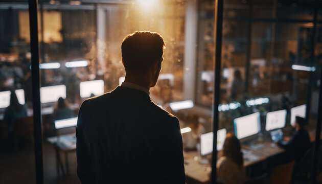 Ambitious businessman standing behind a glass wall, observing his dedicated employees working late. A cinematic shot of corporate success and leadership vision