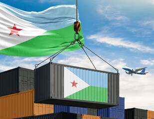 Djibouti Flag Cargo Container: The flag of Djibouti proudly adorns a cargo container, symbolizing international trade and global commerce under a vibrant sky with an airplane