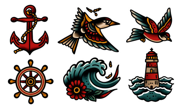 Vintage Nautical Tattoo Illustrations of Anchor, Birds, Waves, and Lighthouse