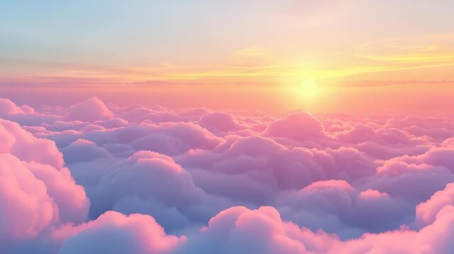 Sunrise Above Clouds: An ethereal view captures the mesmerizing sight of the sunrise casting its radiant hues of pink, orange, and yellow over a sea of fluffy clouds, evoking a sense of tranquility.