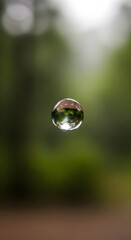 A close-up shot of a single transparent water droplet suspended in mid-air with a blurred natural green background, showcasing the beauty of nature and water physics