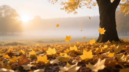 Golden Autumn Leaves Falling in a Serene Park at Sunrise