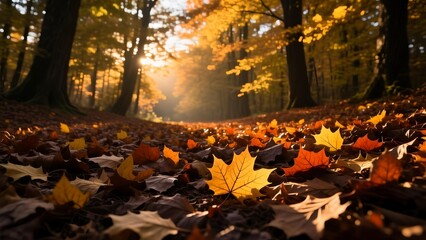 Golden autumn forest path bathed in warm sunlight, fallen leaves carpet the ground