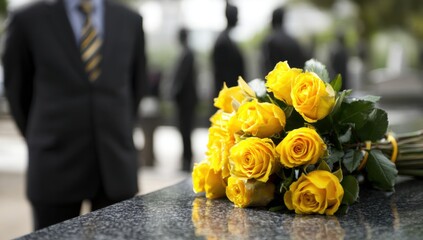 Funeral memorial with yellow roses as respectful floral tribute