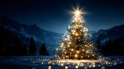 Celebrate the magical Christmas season with a beautifully lit Christmas tree against a stunning snowy mountain backdrop for heartwarming holiday campaigns